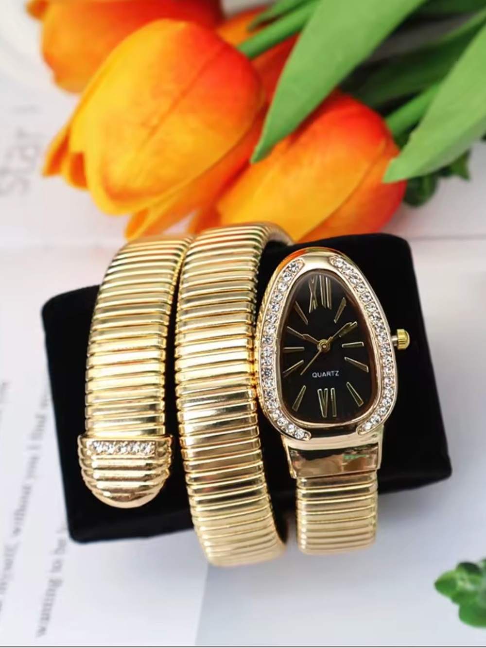 Brand New Gold Serpenti-Style Wrap Bracelet Watch with black dial